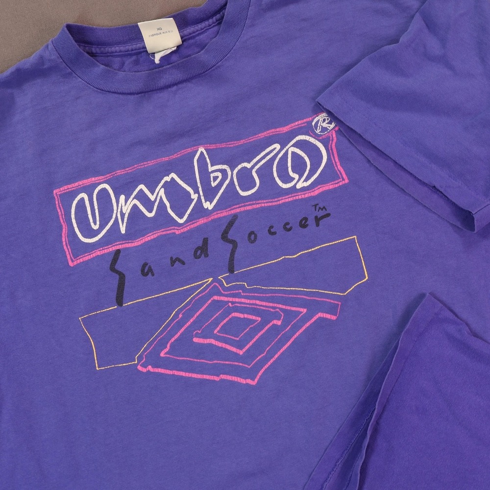VTG Umbro Shirt Men XL Purple Sand Soccer Graphic Tee 90s Made USA Single Stitch